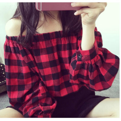 

Korean Cotton Plaid Off the Shoulder T Shirt Tops for Sweet Women Summer 2018 Loose Preppy Harajuku Style Slash Neck Tshirt