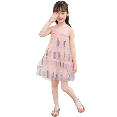 

Mesh Princess Embroidery Dress Fashion Baby Girl Clothes Summer Sleeveless Feather Embroidered Dress For Girls