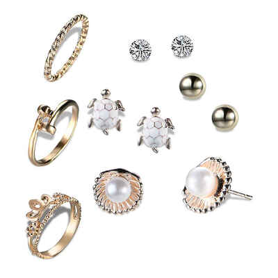 

Modern Turtle Animal Style Fanshaped White Pearl Ear Studs Crown Single Lap Hands Rings Set