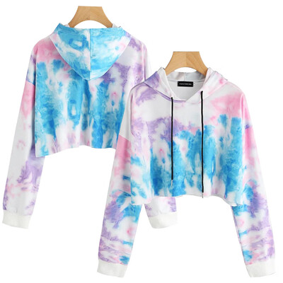 

Women New Fashion Tie-Dye Printing Crop Top Hoodie Long Sleeve Drawstring Pullover Hoodie Bare Midriff Sweatshirt