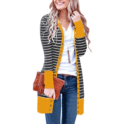 

Toponeto Women Casual Long Sleeve Stripe Patchwork Long Cardigan Tops Blouse Coat