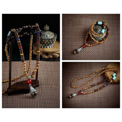 

Handmade Nepal Jewelry Buddhist Mala Wood Beads Pendant Necklace Ethnic Horn Fish Long Statement Necklace For Women Men