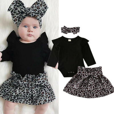 

UK 3PCS Infant Baby Girl Autumn Clothes Long Sleeve Romper Leopard Dress Outfit