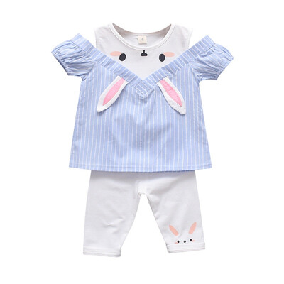 

Childrens Clothing Baby Girls Casual Off-shoulder Striped Animal Print T-shirt TopsShorts Suits Costume Summer Set