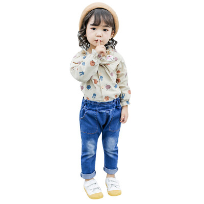 

Girls Clothing Sets Autumn Floral Print Blouse TopsDenim Pants 2 PCS Long Sleeve Children Set Girl Clothes Suit Casual Outfits