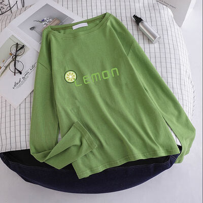 

Autumn New Lemon Print Women T-shirts Korean Style Loose Casual Round Neck Long-sleeved Tops