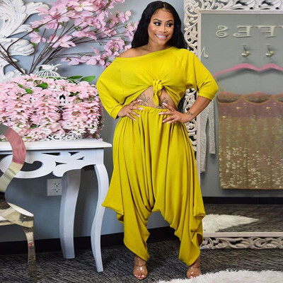 

Women Two Piece Suit Crop Top Wide Legs Pants One Shoulder Tied High Waist Palazzo Hot Street Wear