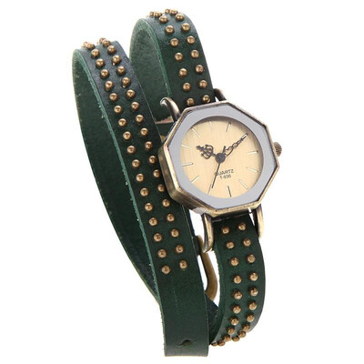 

Women Lady Quartz Wrist Watch Vintage Rivets Octagon Bronze Wrap Strap Bracelet