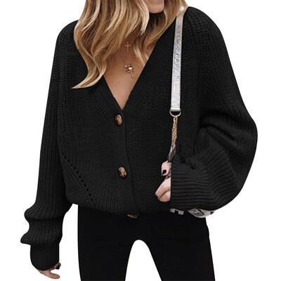 

Autumn Winter Women Fashion Solid color V-neck Long sleeve Knit cardigan Sweater