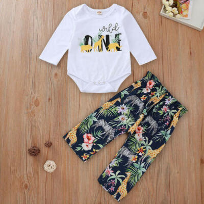 

US 2PCS Newborn Toddler Baby Girl Clothes Cotton Tops Romper Pants Outfits 0-18M