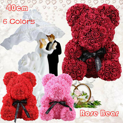 

40cm Pink Rose Teddy Bear w Heart Flower Gift For Mothers Day Birthday Wedding