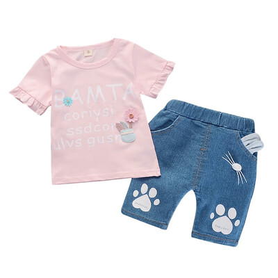 

Summer Baby Girls Short Sleeve Floral Letter Print T-shirt TopsDenim Shorts Suits Casual Outfits Sets