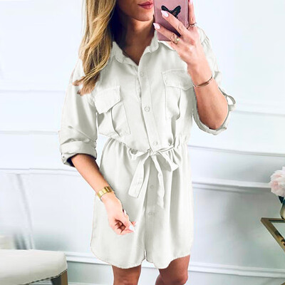 

new Ladies Commute Casual Shirt Dress New Long-sleeved Drawstring Design Dress Casual Loose Style Solid Women\s Shirt Dress