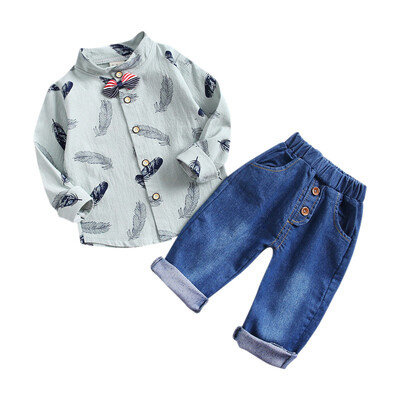 

Autumn Children Baby Boys Casual Long Sleeve Feather Print Blouse TopsDenim Pants Trouser 2pcs Kids Clothes Set