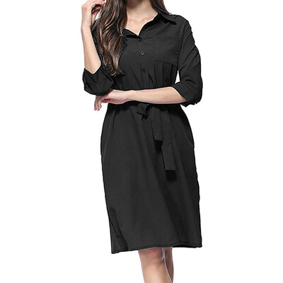 

Women Sashes A Line Dress Ladies Casual Button Turn Down Collar Casual Shirt Dress Summer Autumn Winter Solid Knee Dress