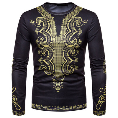 

Toponeto Mens African Printed Pattern Casual Fashion Long Sleeve Shirt Top Blouse