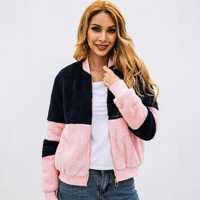 

Fashion Women Autumn Fluffy Splicing Hoodie Stand Collar Long Sleeve Zipper Pocket Streetwear Casual Thick Jacket Coat