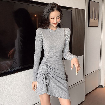 

Fashion Drawstring Women Dress Solid Color Wild Round Neck Sexy Temperament Strap Waist Slim Shirts Long Sleeve Pleat Casual Dre