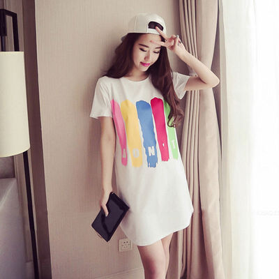 

New Women Summer Letter Print Knee -Length Dress Round Neck Short Sleeve Long T-Shirts Dress  L XL XXL T8