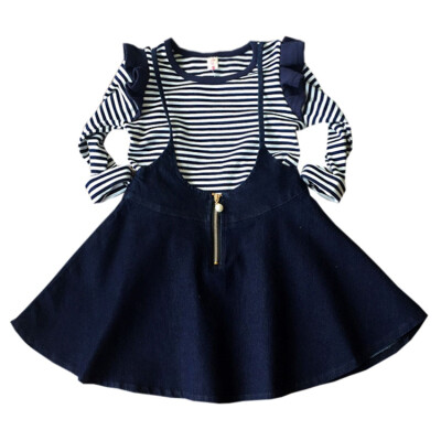 

Toddler Girls T-shirtStrap Denim Dress Skirt Children Clothing Sets 2019 Autumn 2pcs Kids Clothes Long Sleeve Girls Clothing