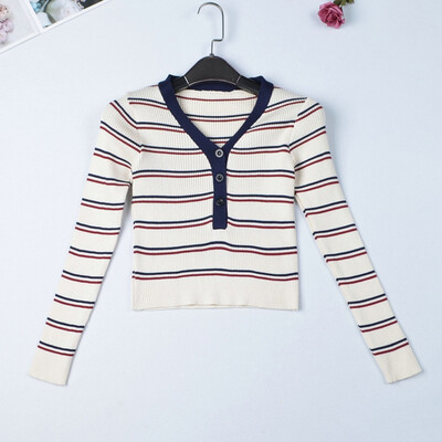 

Retro chic womens sweaters striped v neck korean style ladies slim fit jumpers autumn female clothes pull pullover
