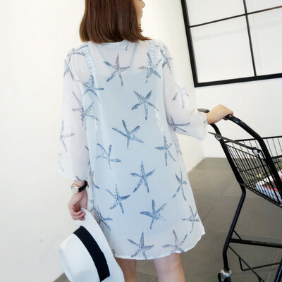 

Summer Womens Cropped Sleeve Print Long Kimono Cardigan Blusas Jacket Casual Loose Sunblock Shirt