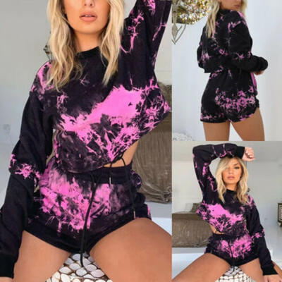 

2Pcs Womens Jogger Casual Tracksuit Sweatshirt Shorts Sets Sport Wear