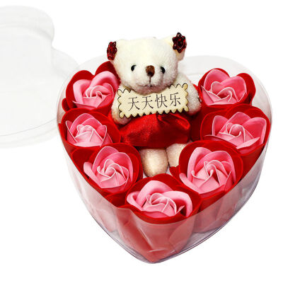 

Scented Rose Flower Petal Bouquet Gift Box With Bear Bath Body Soap Gift Wedding Party Favor 7Pcs