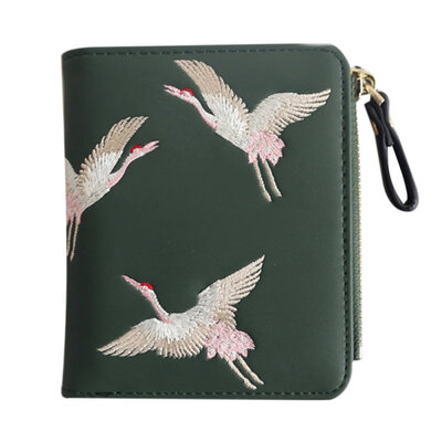 

Fashion Crane Embroidery Women Mini Wallet Short Purse Zipper Coin Card Holder