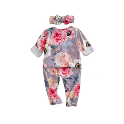

Spring Autumn Casual Baby Flower Printing Long Sleeve Top And Trousers And Headband Kids Two-piece Outfit Set