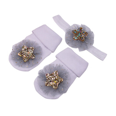 

Baby Socks&Headband Set Lovely Sequin Flowers Decorated Anti-Slip Cotton Ankle Socks with Elastic Hair Band Set New
