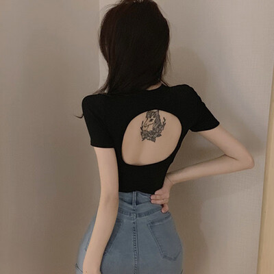 

Sexy Chic Backless Short Sleeve T Shirt Summer Women Cotton Solid Tshirt Top Tees Slim Pullovers Tshirt Women