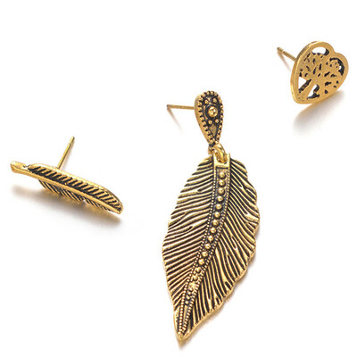 

3 Pc\Set Vintage Earrings Set Feather Buddha Owl Leaves Ancient Tibetan Silver Stud Womens Gifts