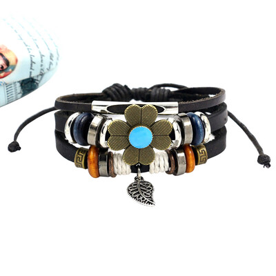 

Bohemian Style Bracelet Flower Coarse Bead Bracelet Woven Leather Wristband Bangle Braided Drawstring Bracelet for Men Women