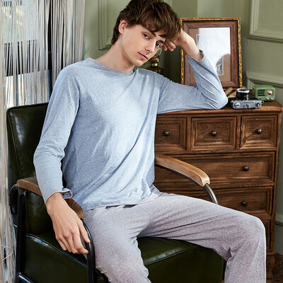 

Haizhining home service mens spring&autumn youth long-sleeved pajamas mens summer thin section loose personality leisure out can wear outside home service suit new JT010 blue  code
