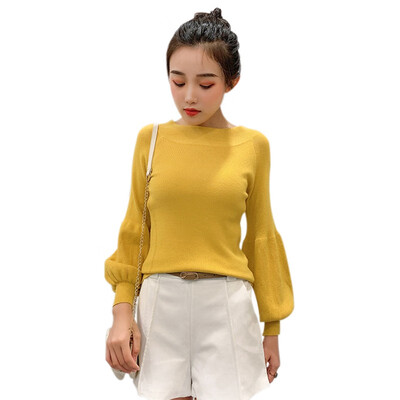 

Lantern Sleeve Slim Pullover Sweater Women New Word Collar Solid Color Casual Fashion Long Slim Sweater