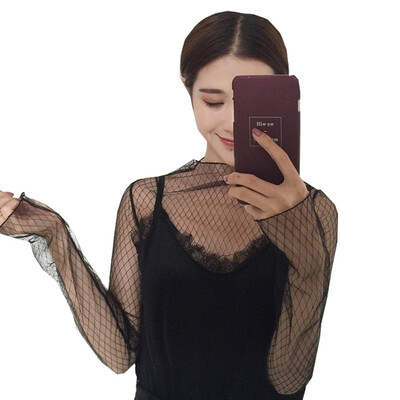 

Sexy See Through Blouse 2017 Summer Women Transparent Mesh Stand Neck Long Sleeve Sheer Shirts Ladies Tee Tops S3