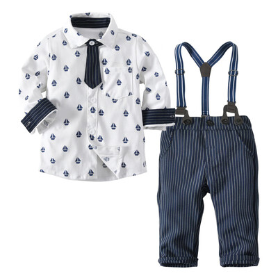 

Boat Striped Long Sleeved Shirt Striped Button Pants Tie Fashion Boy Set New Cotton Gentleman Clothes