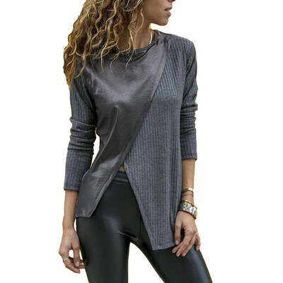 

Fashion Women Faux Leather Patchwork Color Block Irregular Long Sleeve T-Shirt