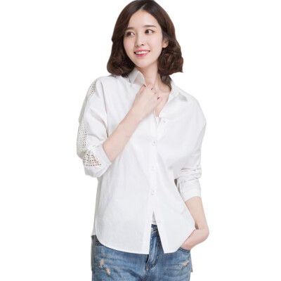 

Cotton White Color Long Sleeves Hollow Out Office Lady Blouse Shirt Solid Elegant Womens Tops And Blouses Turn-Down Collar Shirt