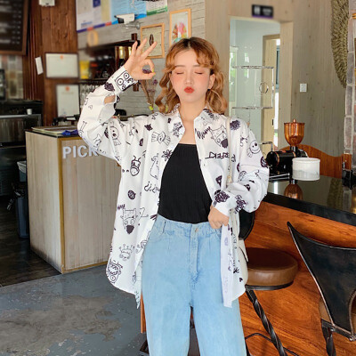 

Cute Graffiti Design Shirt Summer Fall Long Sleeve Turn-Down Collar Loose Womens Shirt High Streestwear Shirt