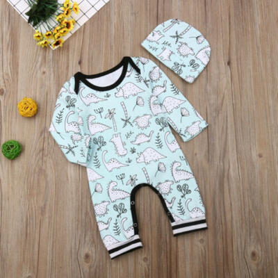 

Newborn Infant Baby Boys Dinosaur Romper Jumpsuit Bodysuit Outfits ClothesHat
