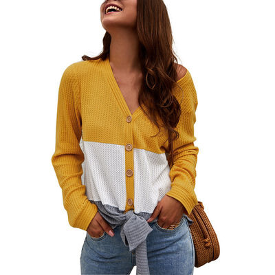 

Women Autumn Stylish Sexy Deep-V Collar Blouse Color-blocked Long Sleeve Casual All-match Knit Striped Tops