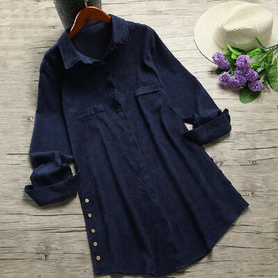 

Fashion Women Corduroy Shirt Solid Lapel Long Sleeve Single Breasted Button Irregular Hem Basic Tunic Tops Blouse Dark BluePink