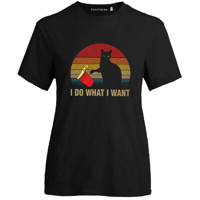

New Fashion Cute Cat And Letter I Do What I Want Printed T-Shirt Casual Women Short Sleeve Black Tee Shirt Tops