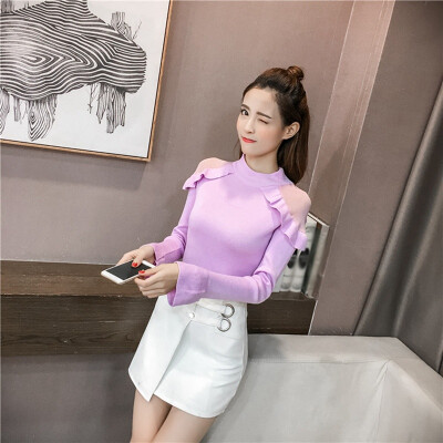 

Women Mesh Stitching Sexy T-shirt Autumn Long Sleeve Korean Style Solid Color Hollow Black Basic Bottoming Tee