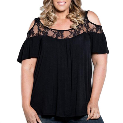 

Women Summer Casual Lace Splice Cold Shoulder Solid Color Short Sleeve T-shirt