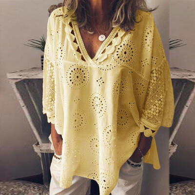 

Plus Large Size Women Shirts Blouses Long Sleeve V-Neck Sexy Blouse Tops Loose Hollow Out Lace Casual Shirt -5XL