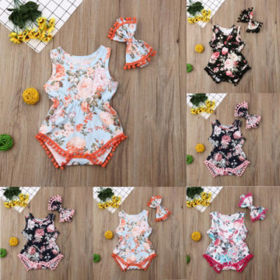 

Kids Newborn Baby Girl Floral Sleeveless Romper Headband 2Pcs Outfits Clothes