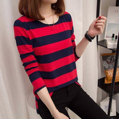 

Striped Bottoming T Shirt Female Spring Autumn Long-sleeved Loose Striped Round Neck Slim Bottoming Clothes T Shirt Women Tops